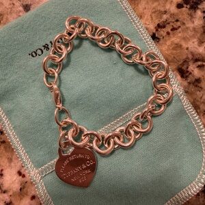Tiffany & Co. Polished Silver Heart Tag Link Bracelet on Blue Pouch